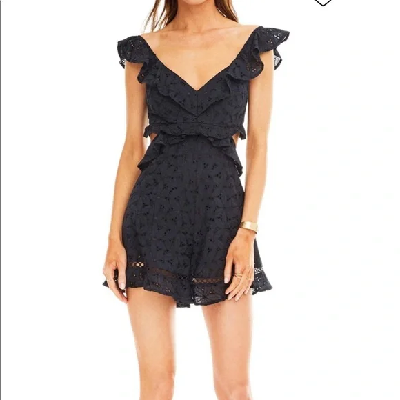 ASTR ALEXIS ROMPER Ruffle Cut Out Back Eyelet Floral Embroidery Dark Blue - Picture 6 of 16